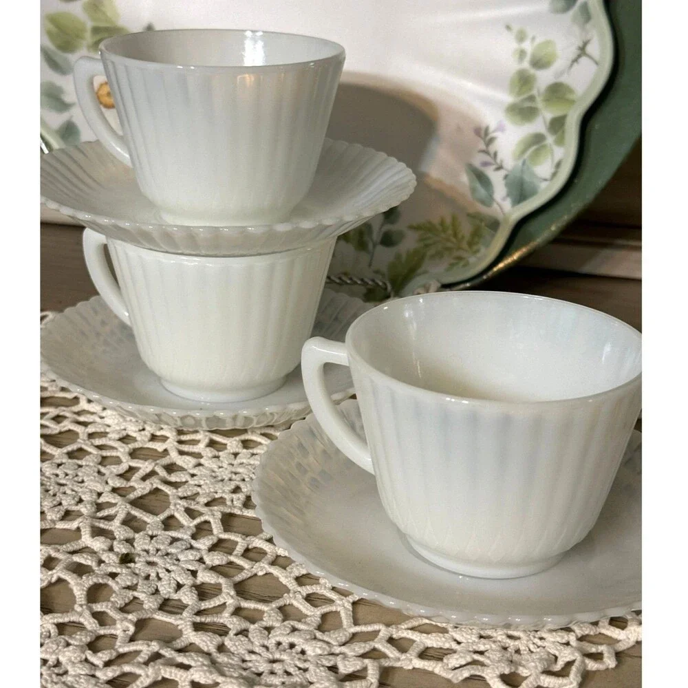 Milk Glass MacBeth Evans Tea Cups and Saucers Depressions Glass Opalescent